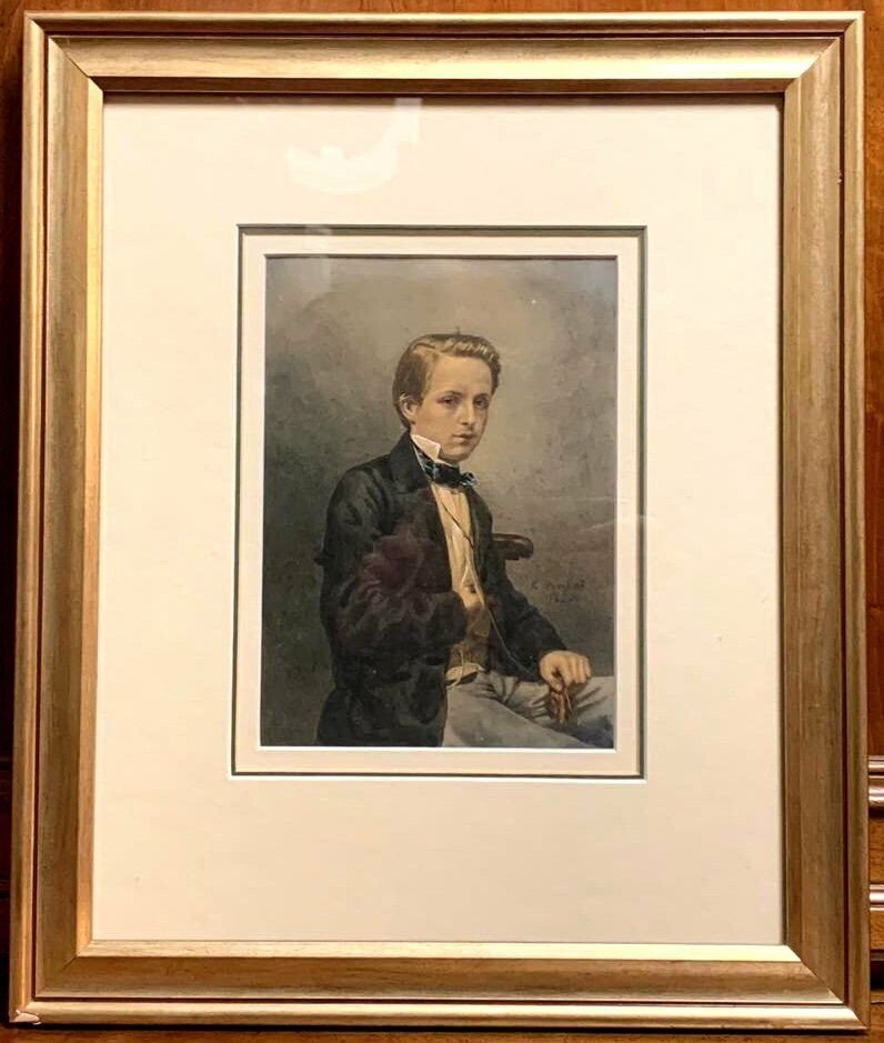 école Suisse 19eme (1856) : Portrait En Aquarelle Sur Papier Parchemin