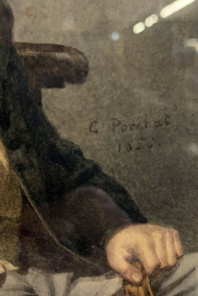 école Suisse 19eme (1856) : Portrait En Aquarelle Sur Papier Parchemin