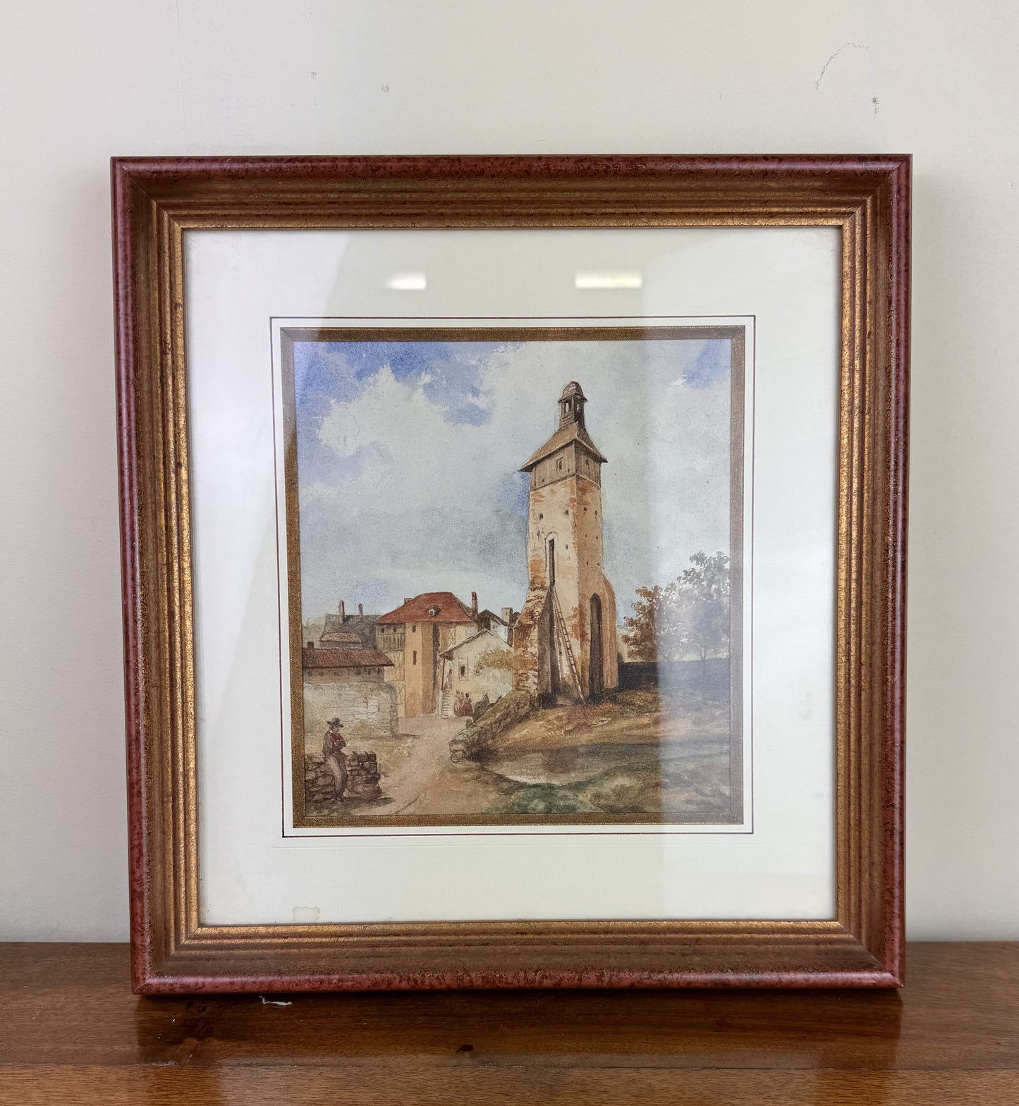 Très belle aquarelle vue d'un clocher de village datée de 1899