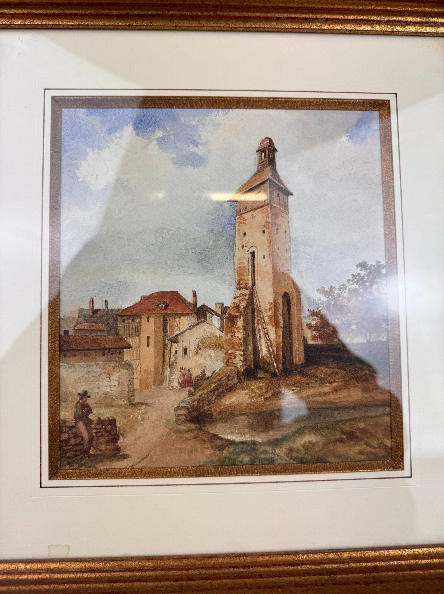 Très belle aquarelle vue d'un clocher de village datée de 1899