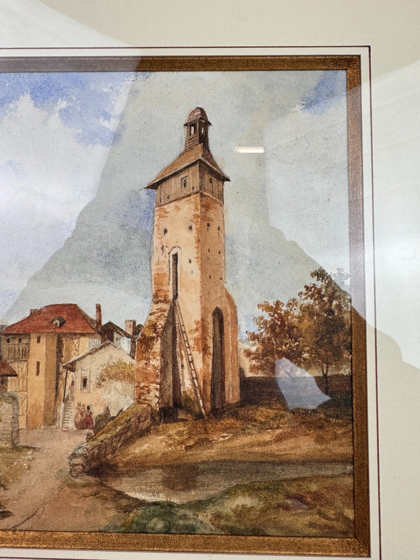 Très belle aquarelle vue d'un clocher de village datée de 1899