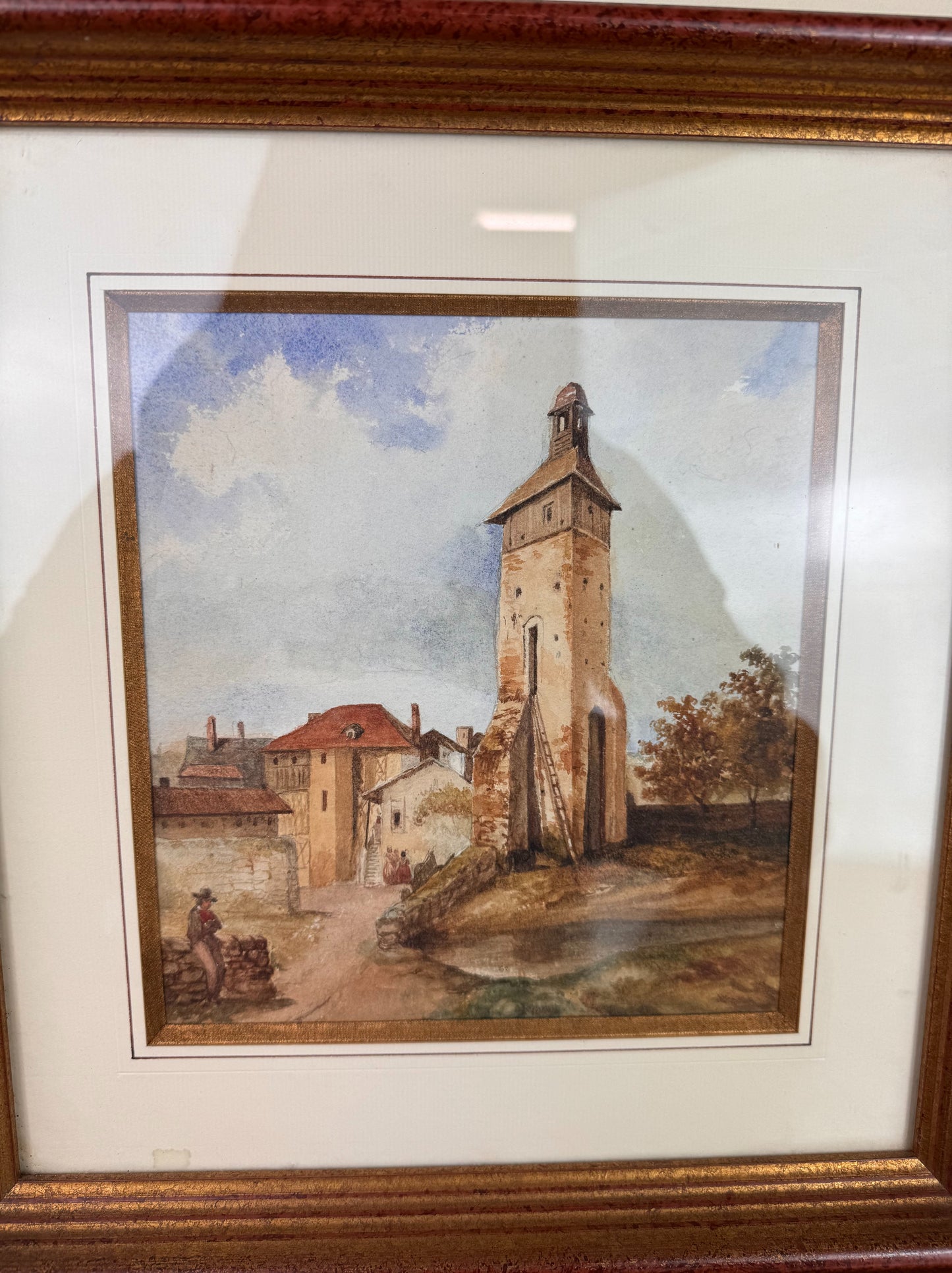 Très belle aquarelle vue d'un clocher de village datée de 1899