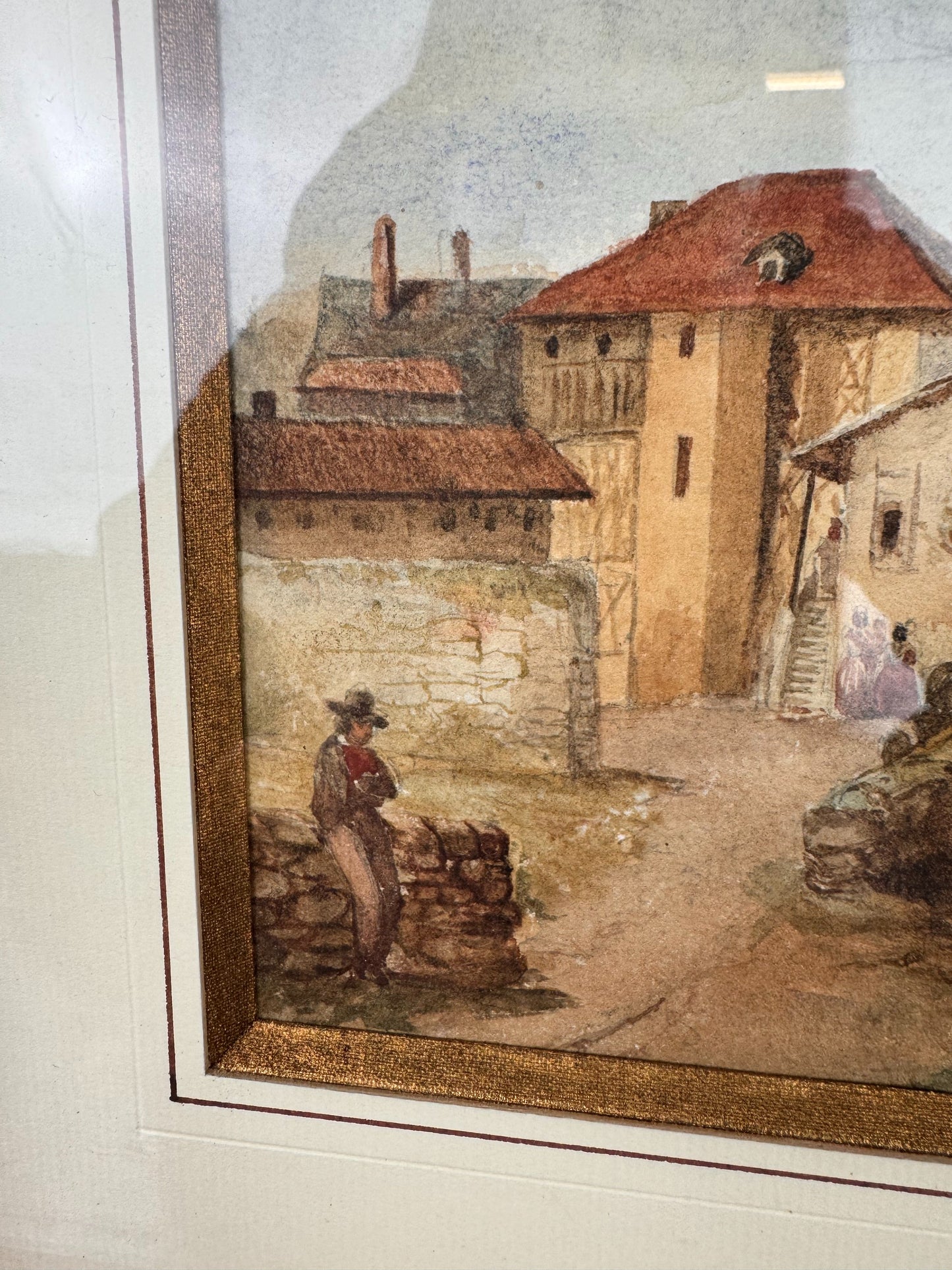 Très belle aquarelle vue d'un clocher de village datée de 1899