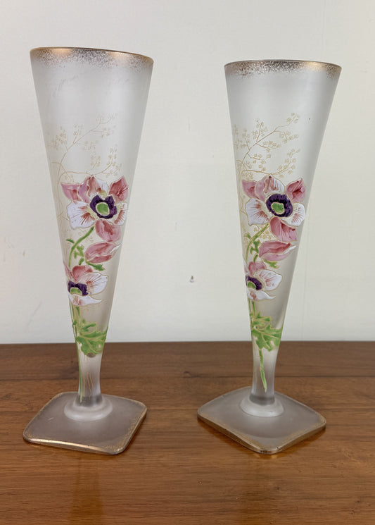 Paire de Vases cornets en verre Givré d'après Montjoye par Legras époque Art Nouveau