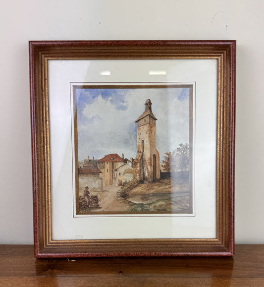 Très belle aquarelle vue d'un clocher de village datée de 1899
