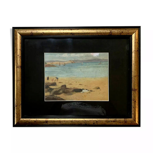 Teurreau : Huile Sur Toile Bord De Plage Animé De Personnages Et Voiliers